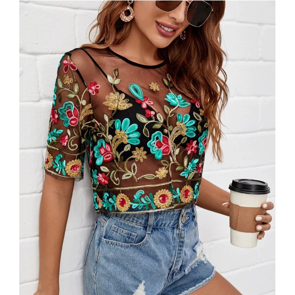 Shein Embroidered Floral Leaf Sheer Black Mesh Crop Top Boho Festival - Picture 3 of 11